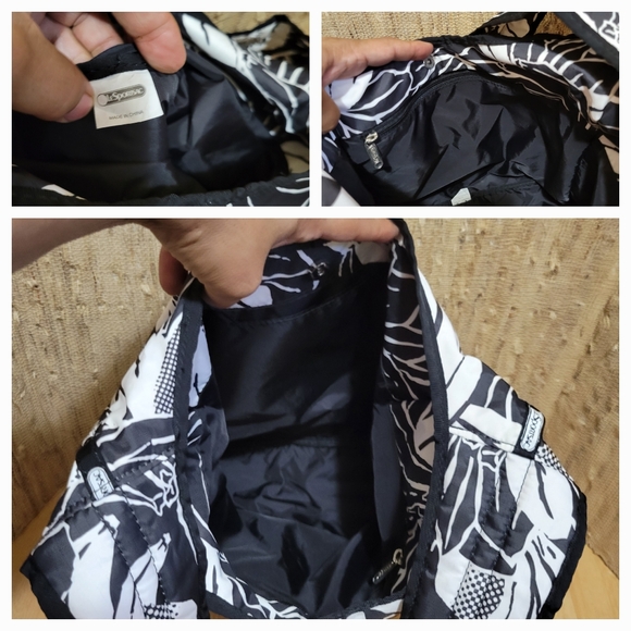 Rare Lesportsac Black & White Hobo Sling Bag Tropical Print - Picture 3 of 4